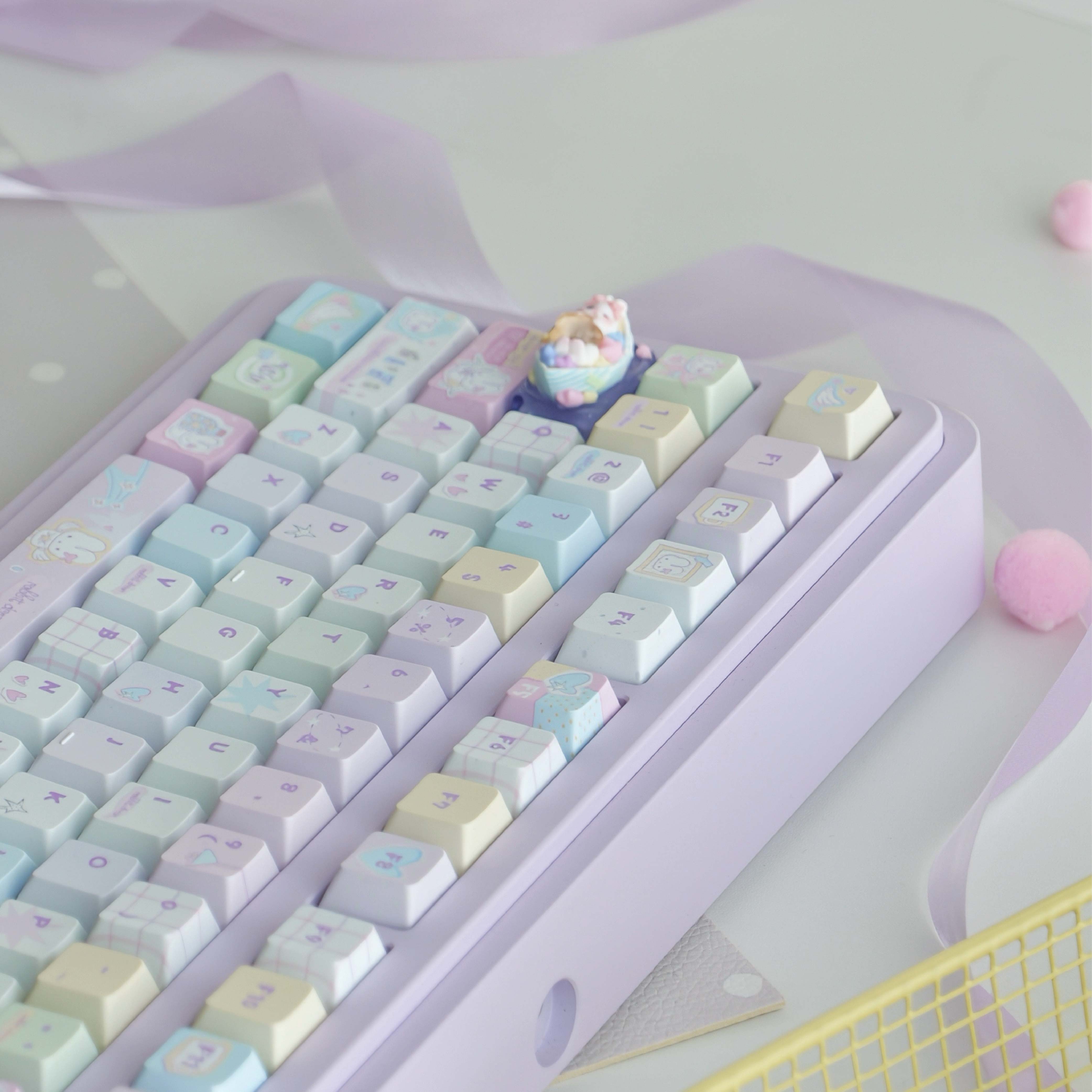 Candy Paper Bunny PBT Keycap Set | Hand-Illustrated Colorful 143-Key | Kawaii Journal-Style Desk Gift