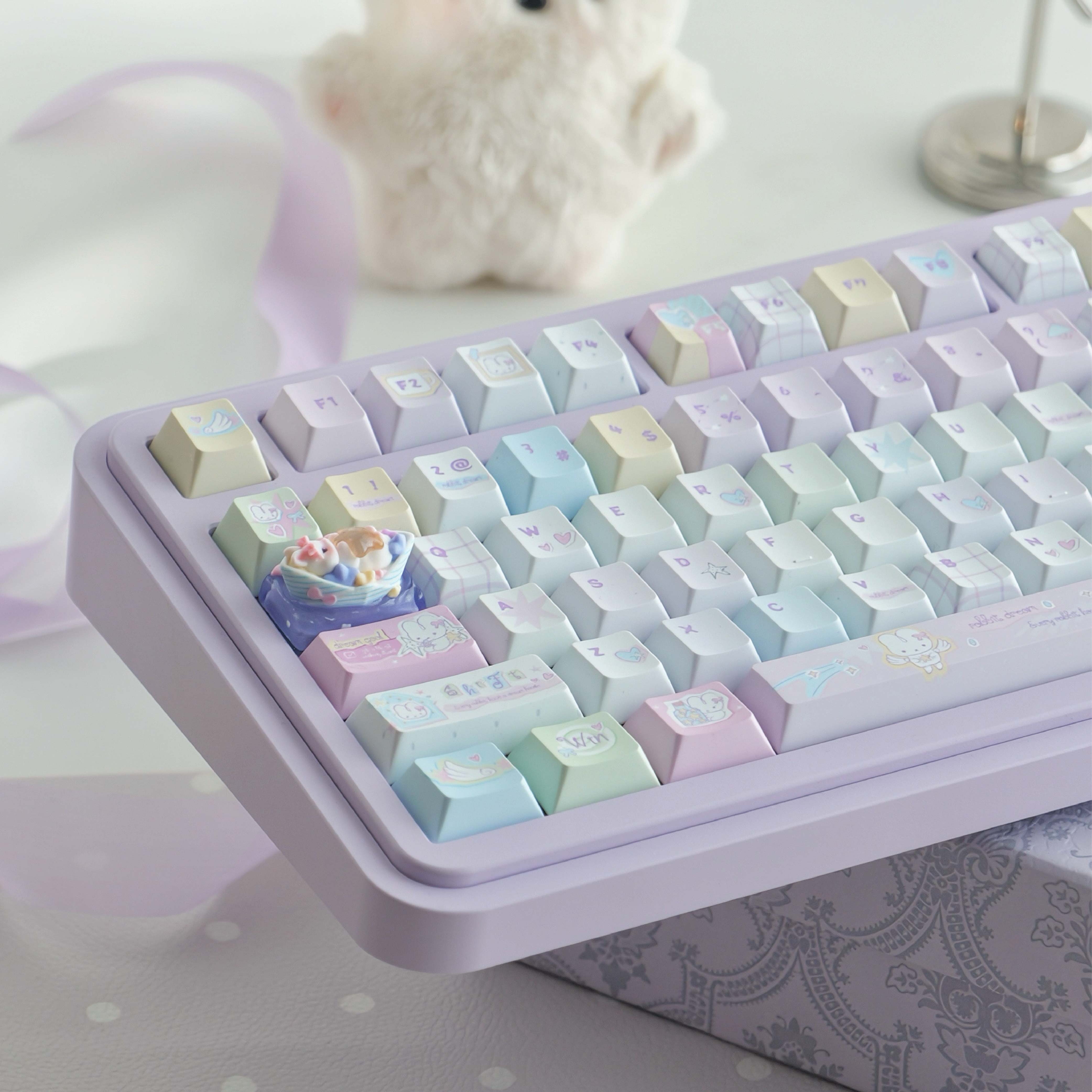 Candy Paper Bunny PBT Keycap Set | Hand-Illustrated Colorful 143-Key | Kawaii Journal-Style Desk Gift
