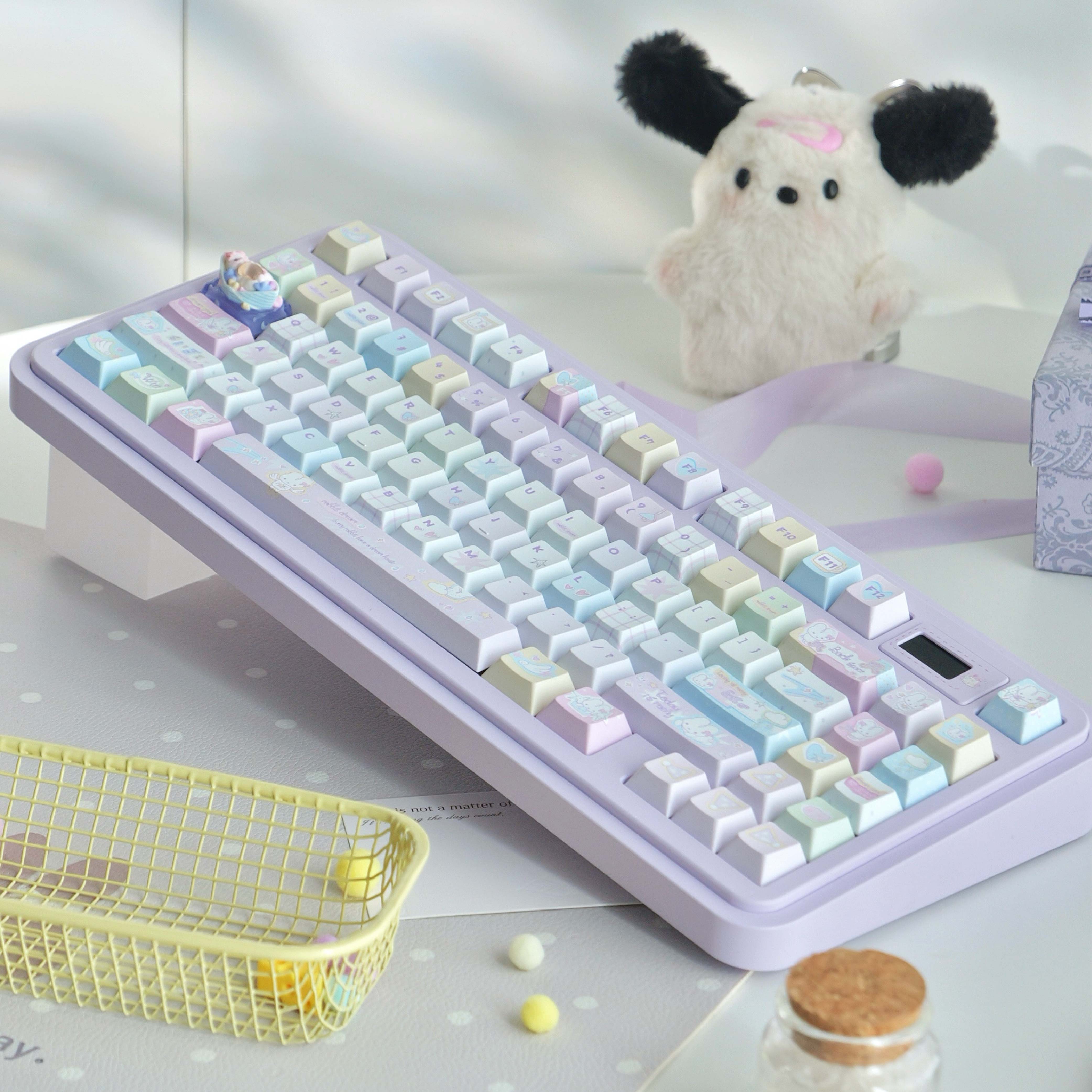 Candy Paper Bunny PBT Keycap Set | Hand-Illustrated Colorful 143-Key | Kawaii Journal-Style Desk Gift