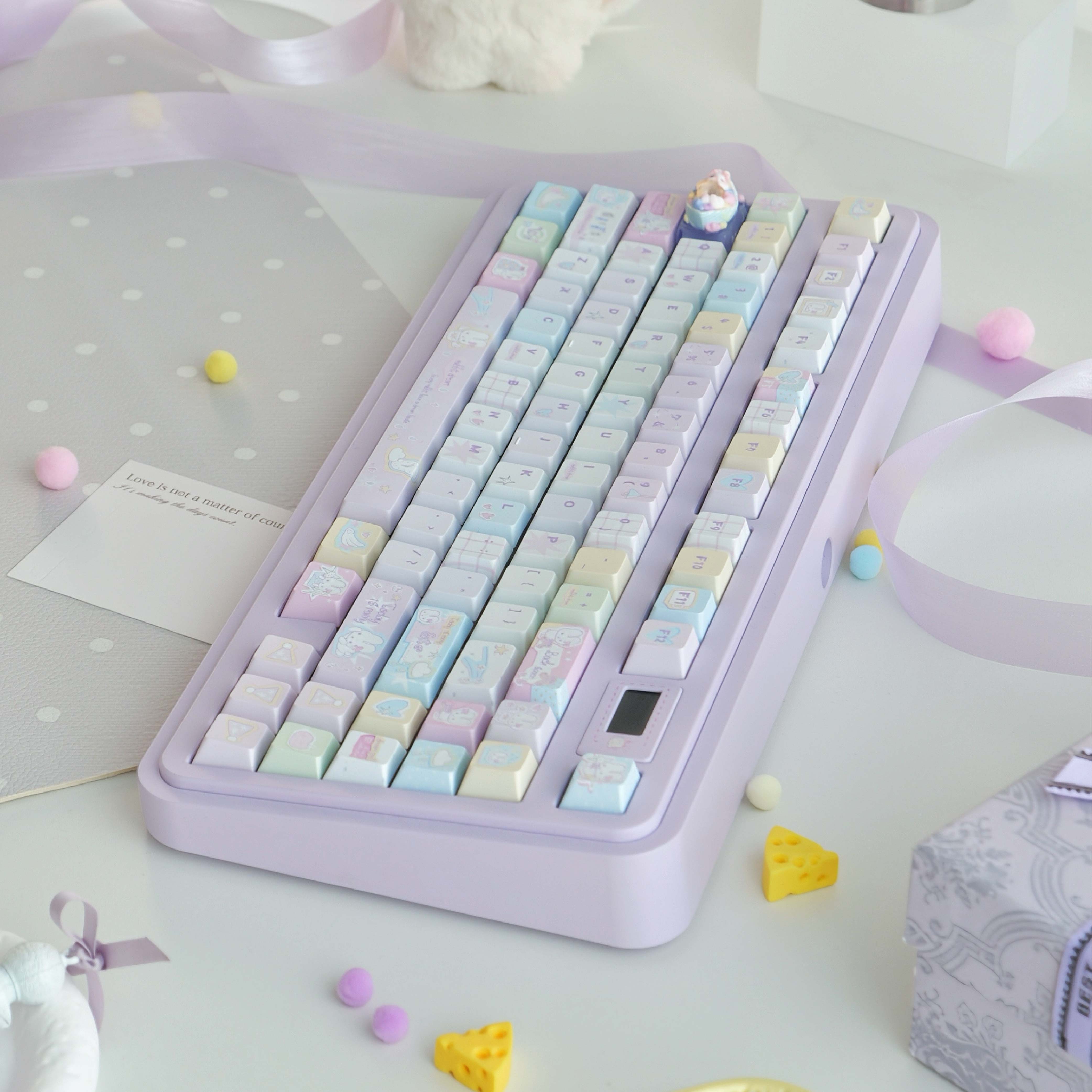 Candy Paper Bunny PBT Keycap Set | Hand-Illustrated Colorful 143-Key | Kawaii Journal-Style Desk Gift