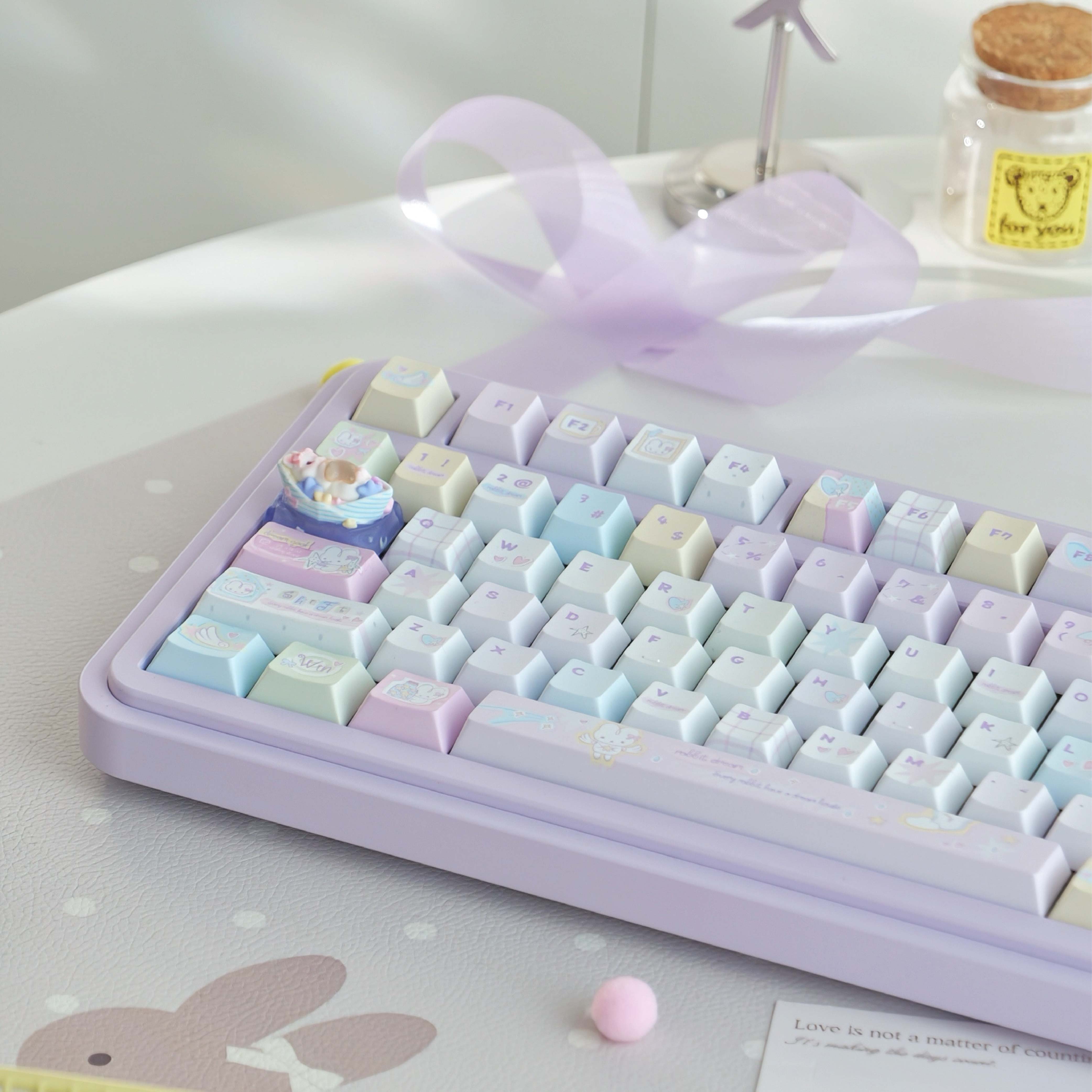 Candy Paper Bunny PBT Keycap Set | Hand-Illustrated Colorful 143-Key | Kawaii Journal-Style Desk Gift
