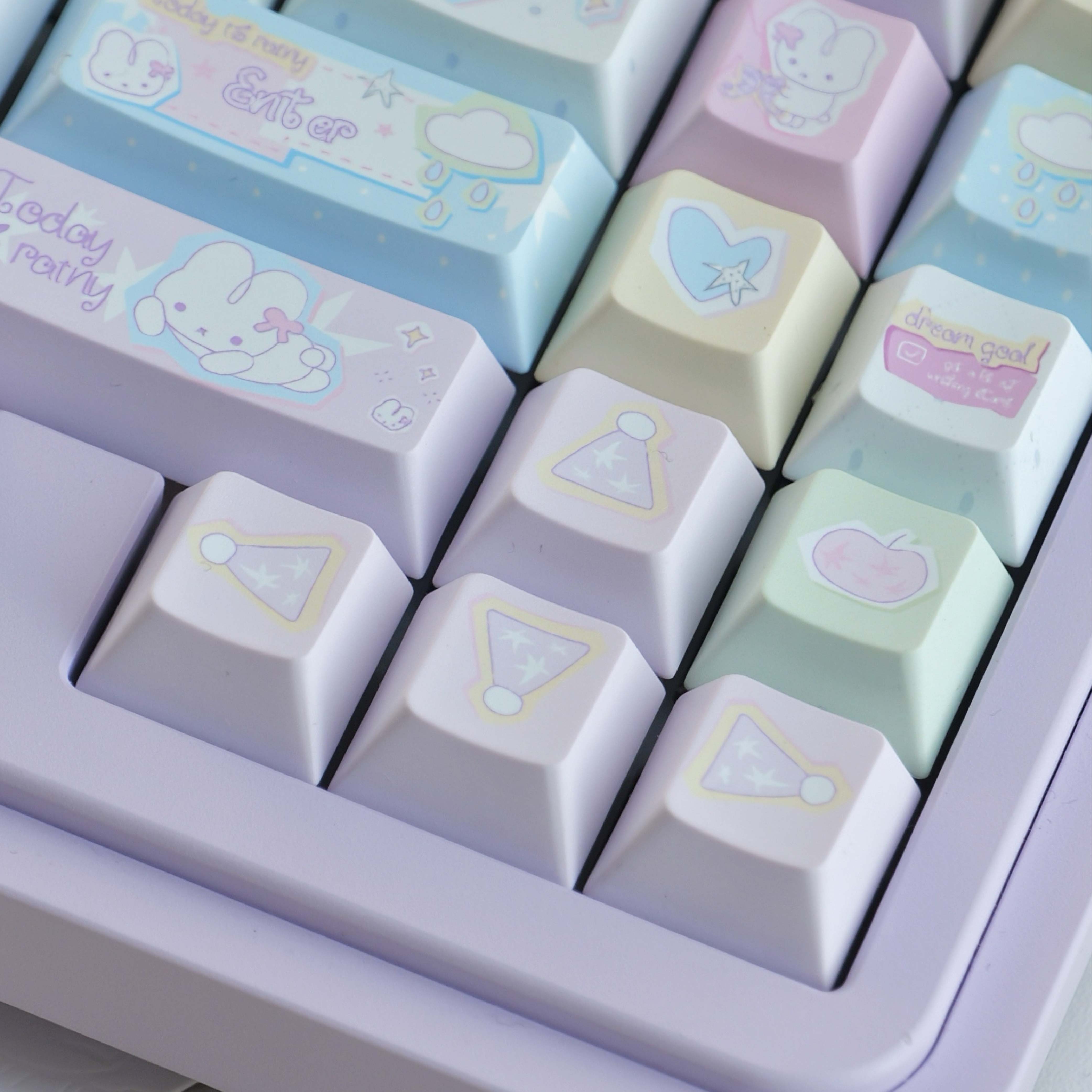Candy Paper Bunny PBT Keycap Set | Hand-Illustrated Colorful 143-Key | Kawaii Journal-Style Desk Gift