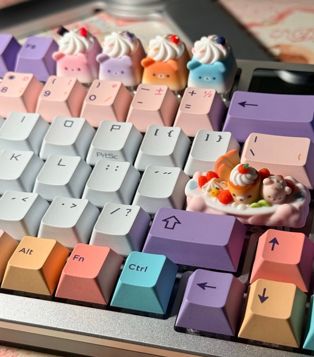 Pudding Boat Cream Bear Artisan Keycap | Pastel Kawaii Keycap | Pink Blue Keyboard Gift on a real customer desk — photo 2