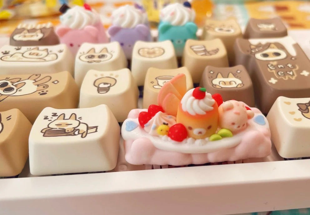 Pudding Boat Cream Bear Artisan Keycap | Pastel Kawaii Keycap | Pink Blue Keyboard Gift on a real customer desk — photo 7